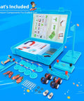 Magnet Set For Kids With Bar Magnets, Horseshoe Magnets, U Shaped Magnets, Iron Filings, And Compass in blue storage box.