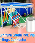 Furniture grade PVC pipe fittings connector near a blue outdoor pool setup with accessories and ladder in a garden setting.