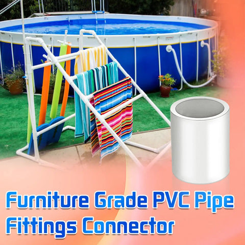 Furniture grade PVC pipe fittings connector near a blue outdoor pool setup with accessories and ladder in a garden setting.