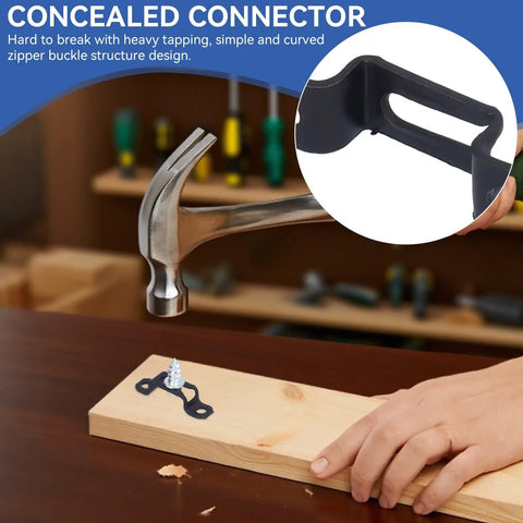 Hammering concealed connector for furniture assembly on wood panel, part of 60 Pack Slick Furniture Connectors And Concealed Slide Buckles For Cabinet Hardware Dead Simple Hidden Assembly Clips That Keep Your Wardrobe Setup Looking Sharp And A Total Game Changer.