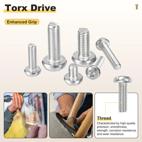 M6 30mm Pan Head Torx Security Screws 10 Pack Silver Fasteners displayed in various sizes, showing high-quality design and grip.