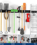 64 Inch Wall Mount Tool Storage Rack With 15 Piece Heavy Duty Steel Yard And Garden Tool Organizer Holds Up To 550 Pounds Includes Two Extension Cords displaying various tools and a ladder.