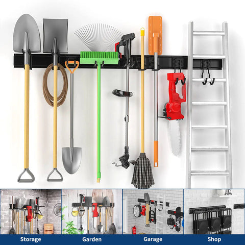 64 Inch Wall Mount Tool Storage Rack With 15 Piece Heavy Duty Steel Yard And Garden Tool Organizer Holds Up To 550 Pounds Includes Two Extension Cords displaying various tools and a ladder.
