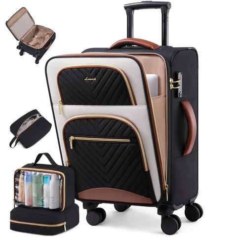 Your Go To Carry On That Fits Overhead Bins 22x14x9 Inches Water Resistant Softside Spinner With TSA Lock And 3 Pouches