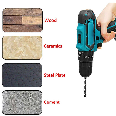 21V Lithium Ion Cordless Drill And Impact Driver Set With Variable Speed Trigger Beast Mode Power And Hella Tight Rubber Grip For Wood Brick Wall Metal Heavy Duty Job Sites held over wood, ceramics, steel plate, and cement samples.
