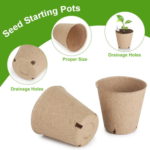 65 Pack Organic Peat Pots For Seed Starting, 3.15 Inch Round Nursery Pots With Drainage Holes shown in various angles