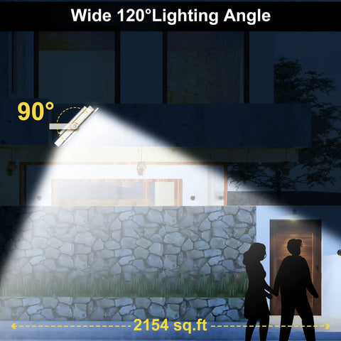 Two Pack 300W Solar Flood Lights Outdoor With Remote No Sweat, highlighting 120° lighting angle illuminating a yard at night.