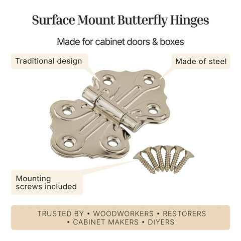 Slick Polished Nickel Butterfly Hinges For Cabinets And Cupboards Legit Surface Mount Decorative Hardware Rock Solid Steel Build Smooth Action Vintage Charm Pack Of Two with mounting screws