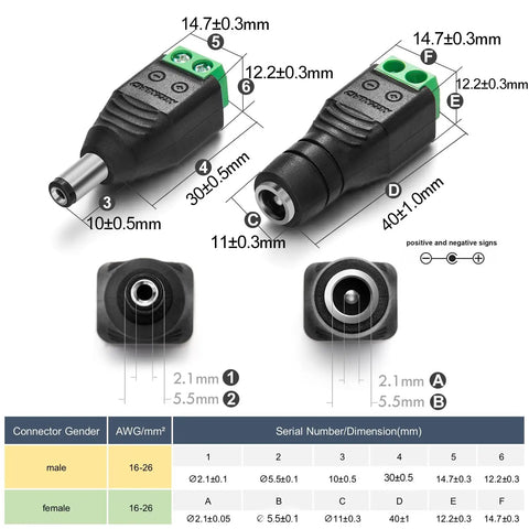 Rock Solid 5.5Mm X 2.1Mm Dc Power Connectors With Thick Copper Cores handles up to five amps, showing male and female connectors.