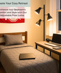 Cozy bedroom with Black Tree Floor Lamp With Three Adjustable Heads For Living Room, Bedroom, And Office next to bed and desk