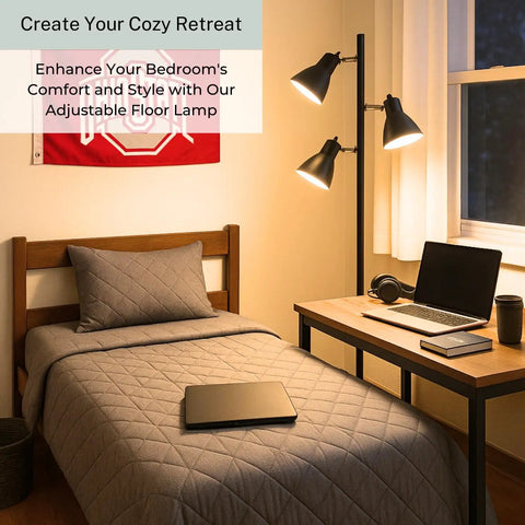 Cozy bedroom with Black Tree Floor Lamp With Three Adjustable Heads For Living Room, Bedroom, And Office next to bed and desk