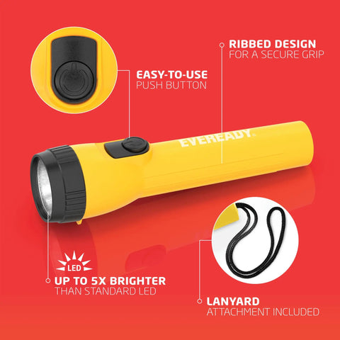 Yellow flashlight with push-button, ribbed grip, lanyard; Eight Pack LED Flashlights With Batteries Included Long Runtime Up To 30 Hours