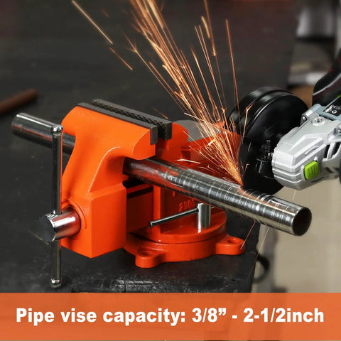 Heavy Duty 5 Inch Bench Vise With Swivel Base And Anvil holding pipe, used with grinder, iron construction, woodworking and pipe use