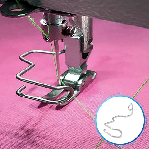 Universal Safety Needle Finger Guard Set for Sewing Machines installed on fabric, showing steel material.