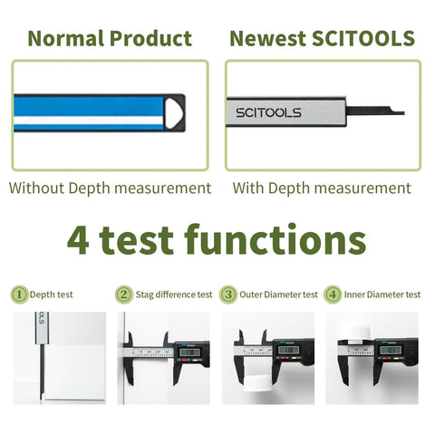 Comparison of digital caliper depth measurement features with tests, showing Compact Digital Caliper 0 To 4 Inch With Inch Millimeter Conversion And Auto Off Lightweight Plastic Carbon Fiber Measuring Tool For Jewelry Making 3D Printing DIY Projects And Precise Scratch Free Measurements.