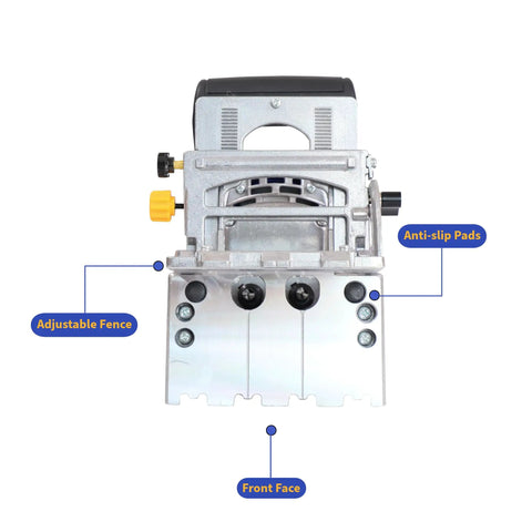 Pro Shop Grade Dual Spindle Dowel Jointer Woodworking Tool 710 Watt Motor showing adjustable fence and anti-slip pads.