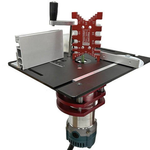 Dead On Precision Router Lift Kit For Woodworking Tables featuring rust proof aluminum insert plate and adjustment dial details.