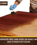 Dang Good Water Based Wood Stain For Furniture And Cabinet Refresh Slick No Sweat One Coat Matte Finish Quick Dry Low Fume Formula Solid For Indoor And Outdoor Woodwork Rich Red Cherry Shade 8 5 Oz Can applied with brush on wooden surface.