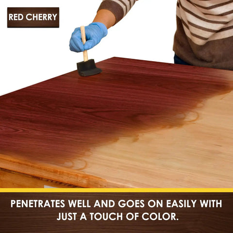 Dang Good Water Based Wood Stain For Furniture And Cabinet Refresh Slick No Sweat One Coat Matte Finish Quick Dry Low Fume Formula Solid For Indoor And Outdoor Woodwork Rich Red Cherry Shade 8 5 Oz Can applied with brush on wooden surface.
