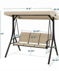 Three Seat Outdoor Patio Swing Chair With Adjustable Canopy And Armrests Breathable Textilene Seat And Back Comfortable Swing Bench For Garden Poolside Or Backyard 3 Person Seating Beige shown with dimensions.