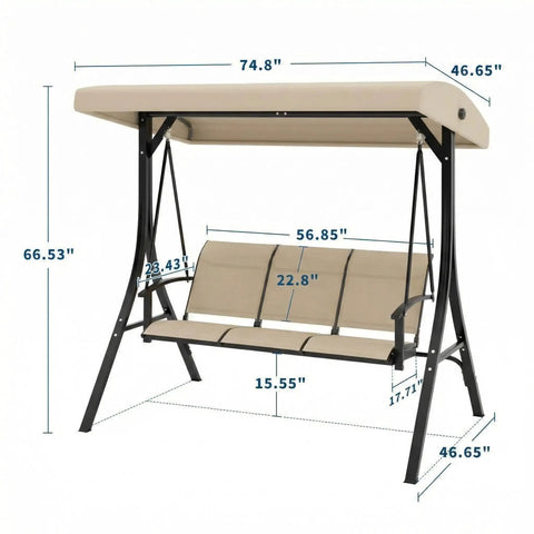 Three Seat Outdoor Patio Swing Chair With Adjustable Canopy And Armrests Breathable Textilene Seat And Back Comfortable Swing Bench For Garden Poolside Or Backyard 3 Person Seating Beige shown with dimensions.