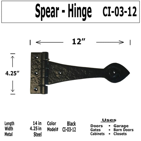 Badass 12 Inch Decorative Iron Spear Strap With A Gritty Olde Style For Sliding Barn Doors Rustic Gates And Kitchen Cabinet Fix Ups Heavy Duty Black Steel Wall Mount Hardware, 12 inch iron hinge with black finish.