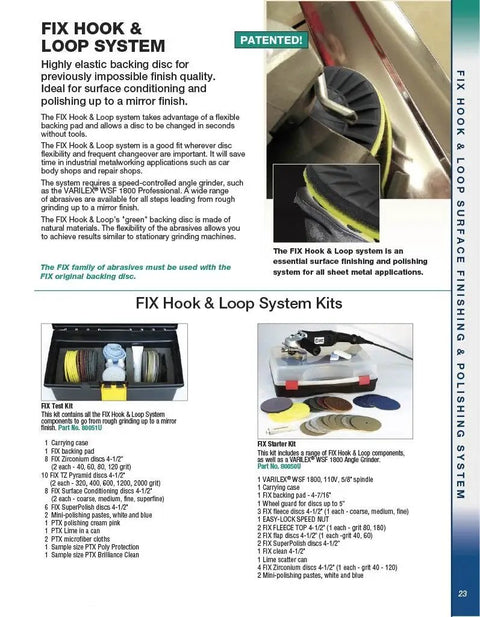 Brochure page showing FIX Hook & Loop System kits with polishing discs and tools for metal surface finishing.