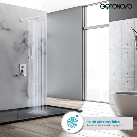 Rainfall Shower System With 10 Inch Square Shower Head And Handheld Spray, High Pressure Chrome Faucet Set, Rough In Valve Included
