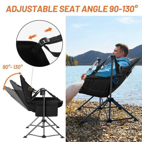 Heavy Duty Folding Hammock Chair With Adjustable Backrest For Camping, Travel, And Patio by lake, showing seat angle adjustment.
