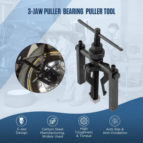Three Jaw Bearing Puller Tool Kit For Pilot And Blind Bearings shown with steel design and three-jaw feature for easy removal.