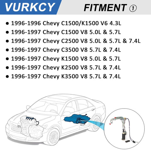 Diagram showing Electric Fuel Pump Assembly For Chevy GMC Trucks 1996 1997 C1500 C2500 C3500 K1500 K2500 K3500 with engine compatibility.