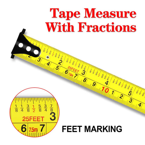 Industrial Magnetic Tape Measure With Fractions 1/8 And Metric, Auto Lock, True Zero Hook, 16 to 25 Feet showing feet marking