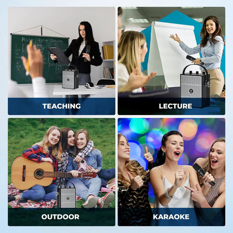 All In One Wireless Voice Amplifier With Handheld Mic And Portable Bluetooth Speaker For Teachers And Events, Plug And Play Wireless Karaoke Mic For Singing, PA System With Echo And Sound Effects S98 Pro in teaching, lecture, outdoor, and karaoke settings.