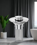 Heavy Duty Bathroom Sink Stopper Strainer With Removable Stainless Steel Filter Basket, polished metal with mesh design.