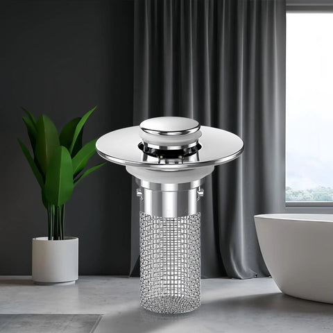 Heavy Duty Bathroom Sink Stopper Strainer With Removable Stainless Steel Filter Basket, polished metal with mesh design.