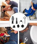 Heavy Duty 7 Piece Drain Auger Drill Bit Kit With Rugged Manganese Steel Cutters, tools displayed in use for plumbing.