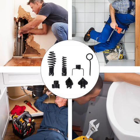7 Piece Heavy Duty Manganese Steel Drain Cutter Heads For Snaking Pipes And Stubborn Clogs Fits Classic Manual Auger Cable Tool shown in use with plumbers.