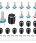 10 Pack RK097N B50K Sealed Rotary Potentiometer, 3 Pin Linear, 15mm Knurled Shaft, 15x17mm Black Metal Knob set