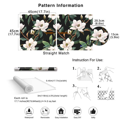 Pattern information for Vintage Floral Peel And Stick Wallpaper Black White And Green Removable Repositionable Textured Matte Finish Washable