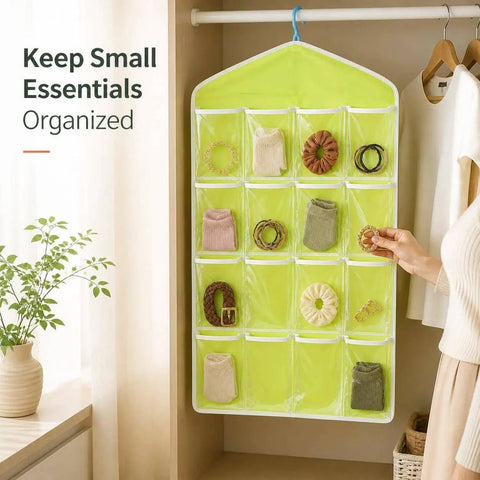 Smooth Over Door Shoe Hanging Storage Bag With Sixteen Clear Pockets For Fast Closet Setup And Hassle Free Dorm Room Essentials Total Game Changer Flex hanging in green, organizing hair accessories and socks.