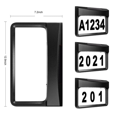 Solar Address Sign With Lighted House Numbers For Home Outdoor Waterproof Address Plaque For Garden Yard Or Street Energy Saving Solar Panel Easy No Wiring Setup Durable Weatherproof LED Door Number Plate showing dimensions and house number variations.