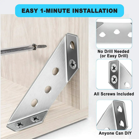 Tough As Nails Stainless Steel Corner Braces 20 Pack Triangle Furniture Brackets, showing easy installation on wood.
