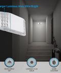 Led Emergency Lighting With Battery Backup, UL Listed, Two Square Head Exit Lights, Hardwired 120 277V close-up in hallway.