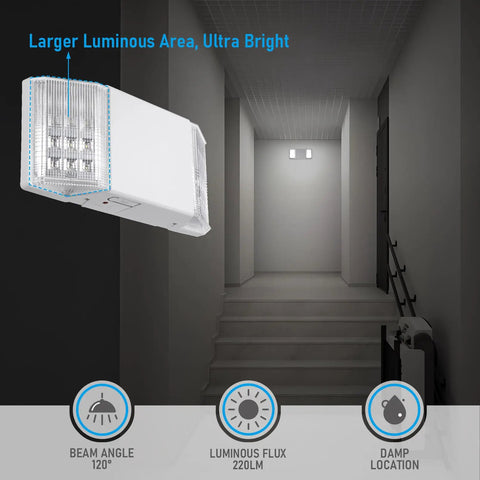 Led Emergency Lighting With Battery Backup, UL Listed, Two Square Head Exit Lights, Hardwired 120 277V close-up in hallway.