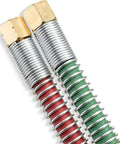 Close-up of One Quarter Inch Grade T Beefed Up Oxy Acetylene Welding Hose With Type B Fittings, showing strain relief coil.