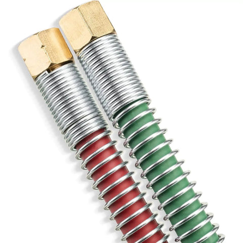 Close-up of One Quarter Inch Grade T Beefed Up Oxy Acetylene Welding Hose With Type B Fittings, showing strain relief coil.
