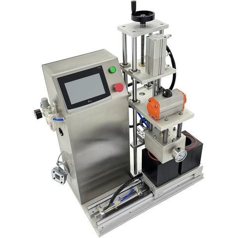 Dual Head Automatic Vacuum Capping Machine For Glass Jars Bottle Sealer With Quick Height Tweaks Smooth Touch Panel Grip Foot Switch For Secure Caps That Make Short Work Of The Daily Hustle At 110V, top view of stainless steel unit.