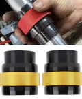 Pro Grade CNC Aluminum Fork Seal Driver Tool for 49mm and 50mm Motorcycle Forks Universal Kit showing installation close-up and tool detail.