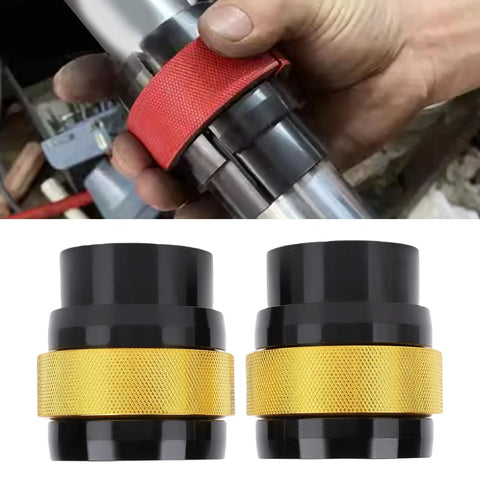 Pro Grade CNC Aluminum Fork Seal Driver Tool for 49mm and 50mm Motorcycle Forks Universal Kit showing installation close-up and tool detail.