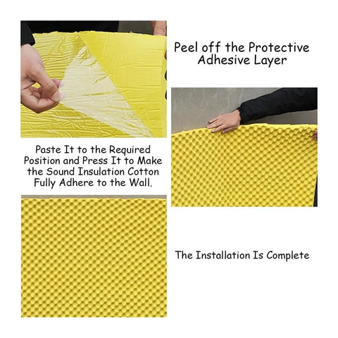 Image showing installation steps for 5CM thick acoustic foam panels with adhesive backing for soundproofing.